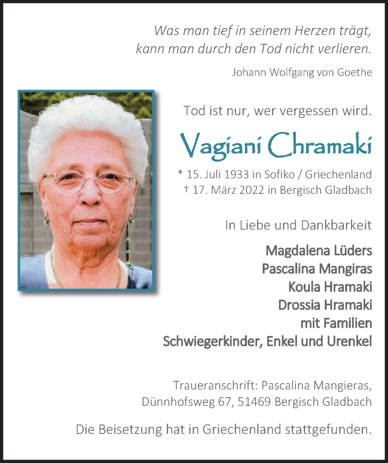  Traueranzeige für Vagiani Chramaki vom 25.03.2022 aus  Bergisches Handelsblatt 