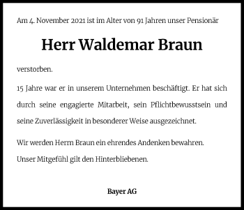 Anzeige von Waldemar Braun von Kölner Stadt-Anzeiger / Kölnische Rundschau / Express