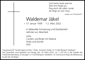 Anzeige von Waldemar Jäkel von Kölner Stadt-Anzeiger / Kölnische Rundschau / Express