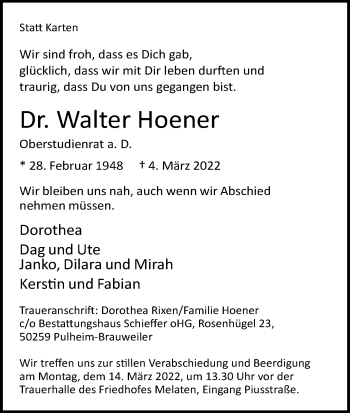 Anzeige von Walter Hoener von Kölner Stadt-Anzeiger / Kölnische Rundschau / Express