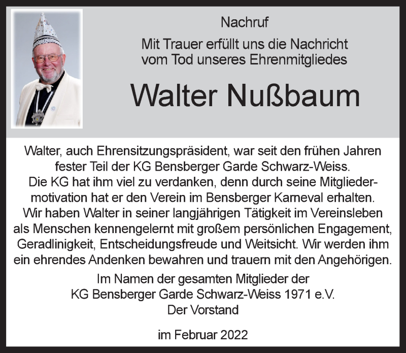  Traueranzeige für Walter Nußbaum vom 04.03.2022 aus  Bergisches Handelsblatt 