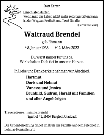 Anzeige von Waltraud Brendel von Kölner Stadt-Anzeiger / Kölnische Rundschau / Express