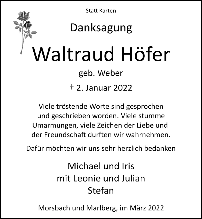  Traueranzeige für Waltraud Höfer vom 11.03.2022 aus  Lokalanzeiger 