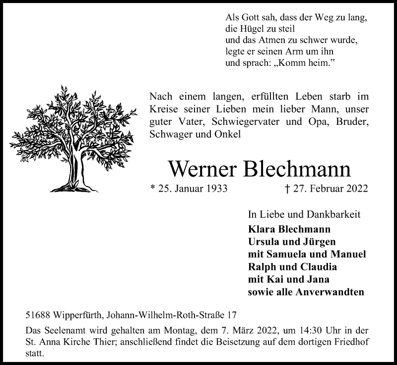  Traueranzeige für Werner Blechmann vom 02.03.2022 aus Kölner Stadt-Anzeiger / Kölnische Rundschau / Express