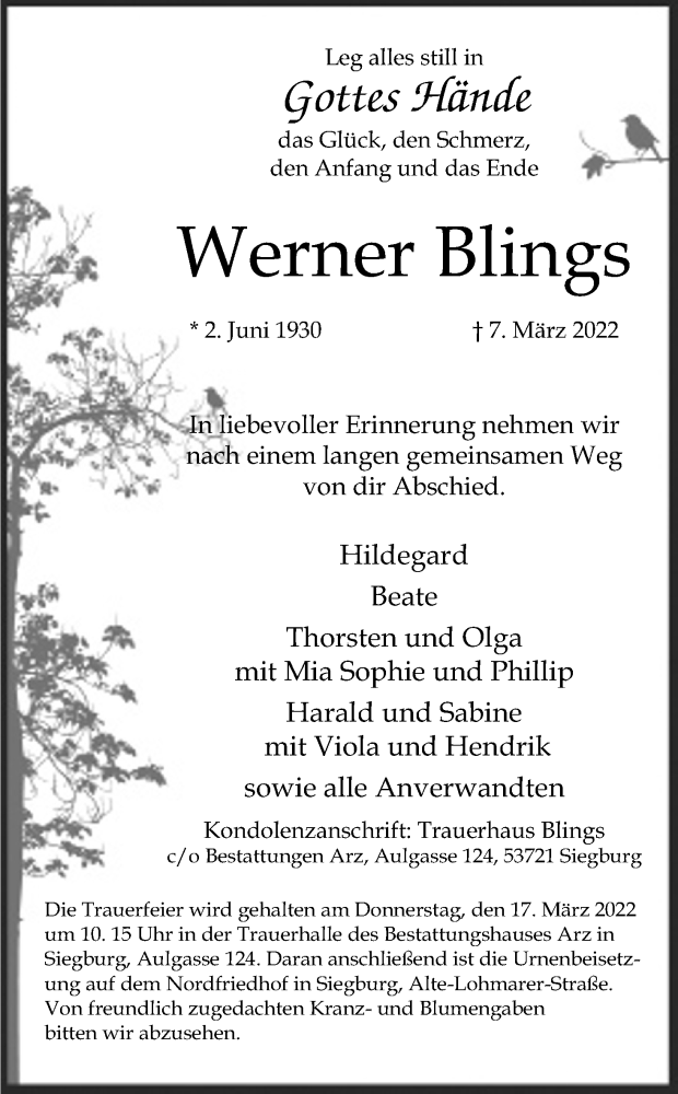  Traueranzeige für Werner Blings vom 12.03.2022 aus Kölner Stadt-Anzeiger / Kölnische Rundschau / Express