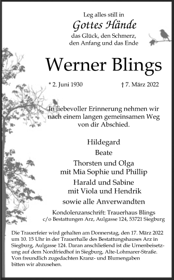 Anzeige von Werner Blings von Kölner Stadt-Anzeiger / Kölnische Rundschau / Express