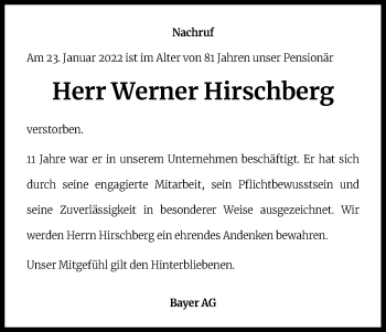 Anzeige von Werner Hirschberg von Kölner Stadt-Anzeiger / Kölnische Rundschau / Express