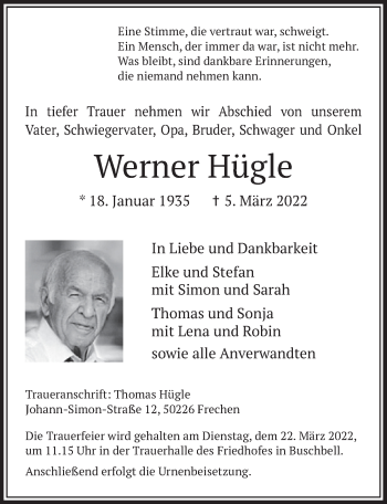Anzeige von Werner Hügle von  Wochenende 