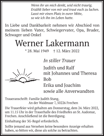 Anzeige von Werner Lakermann von  Wochenende 