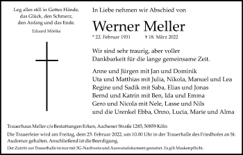 Anzeige von Werner Meller von Kölner Stadt-Anzeiger / Kölnische Rundschau / Express