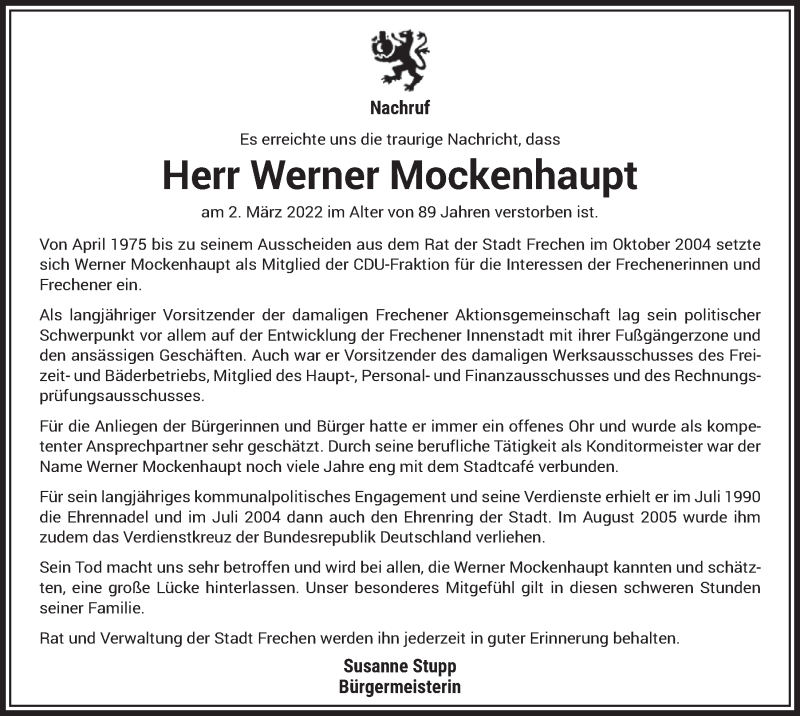  Traueranzeige für Werner Mockenhaupt vom 11.03.2022 aus  Wochenende 
