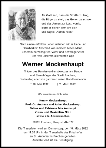 Anzeige von Werner Mockenhaupt von Kölner Stadt-Anzeiger / Kölnische Rundschau / Express