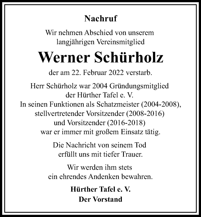  Traueranzeige für Werner Schürholz vom 05.03.2022 aus Kölner Stadt-Anzeiger / Kölnische Rundschau / Express