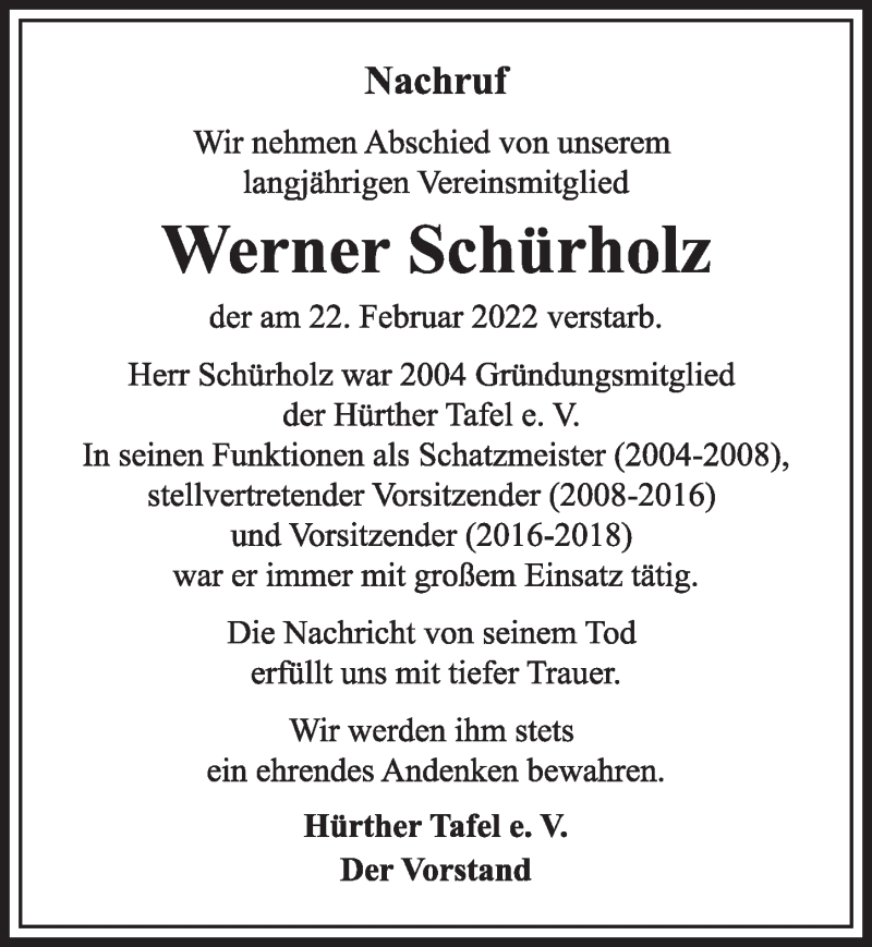  Traueranzeige für Werner Schürholz vom 04.03.2022 aus  Wochenende 