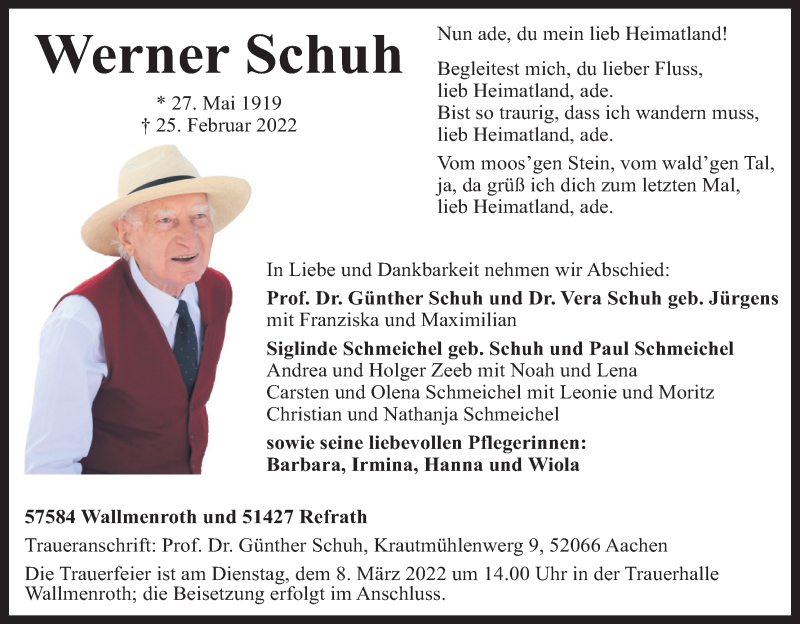  Traueranzeige für Werner Schuh vom 02.03.2022 aus Kölner Stadt-Anzeiger / Kölnische Rundschau / Express