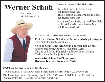 Anzeige von Werner Schuh von Kölner Stadt-Anzeiger / Kölnische Rundschau / Express