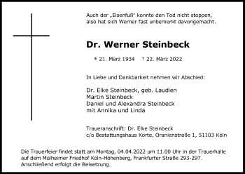 Anzeige von Werner Steinbeck von Kölner Stadt-Anzeiger / Kölnische Rundschau / Express