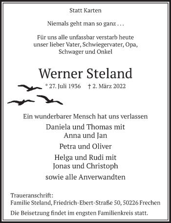 Anzeige von Werner Steland von  Wochenende 