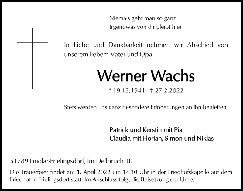  Traueranzeige für Werner Wachs vom 04.03.2022 aus  Anzeigen Echo 