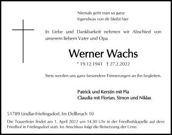 Anzeige von Werner Wachs von  Anzeigen Echo 