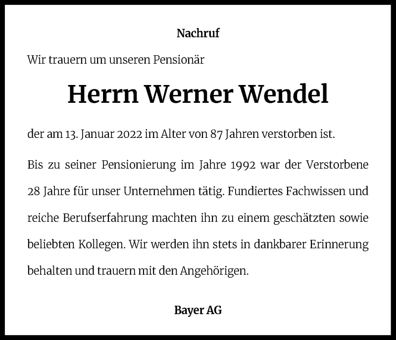  Traueranzeige für Werner Wendel vom 24.03.2022 aus Kölner Stadt-Anzeiger / Kölnische Rundschau / Express