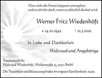 Anzeige von Werner Fritz Wiedenhöft von  Schlossbote/Werbekurier 