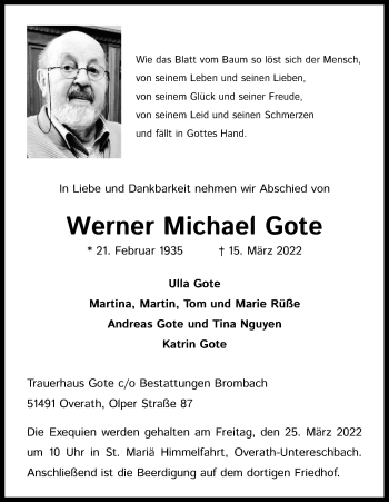 Anzeige von Werner Michael Gote von Kölner Stadt-Anzeiger / Kölnische Rundschau / Express
