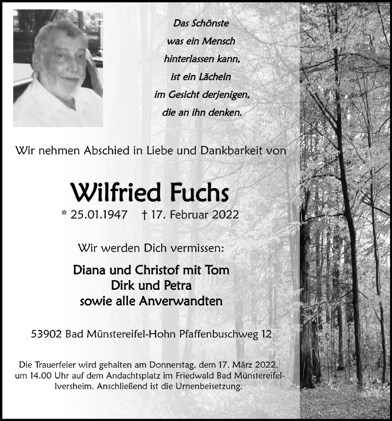  Traueranzeige für Wilfried Fuchs vom 05.03.2022 aus  Blickpunkt Euskirchen 