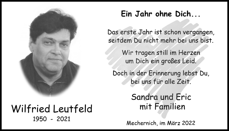  Traueranzeige für Wilfried Leutfeld vom 19.03.2022 aus  Blickpunkt Euskirchen 