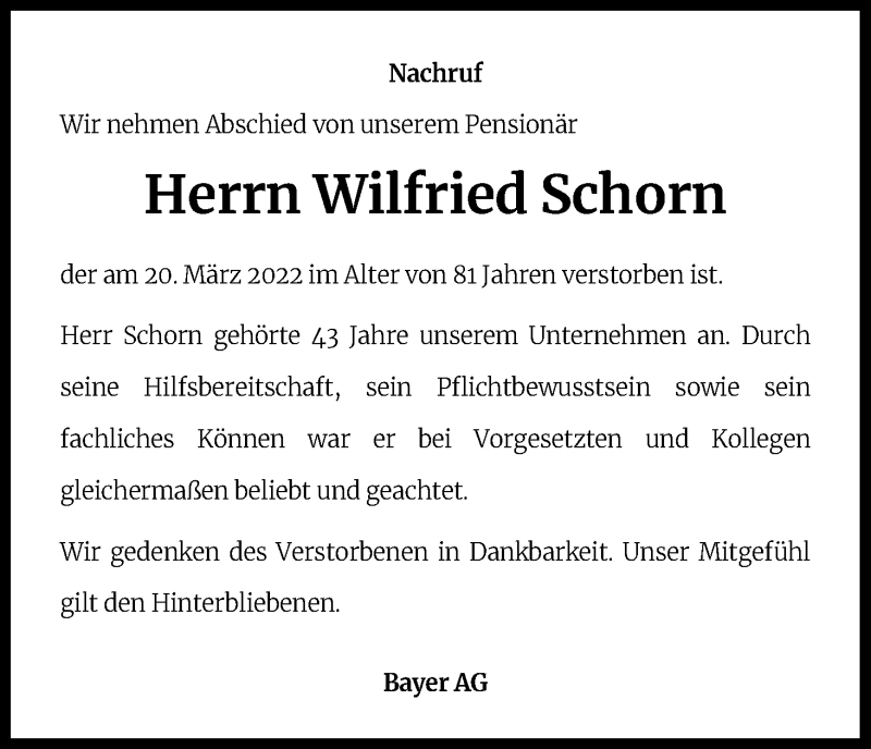  Traueranzeige für Wilfried Schorn vom 31.03.2022 aus Kölner Stadt-Anzeiger / Kölnische Rundschau / Express