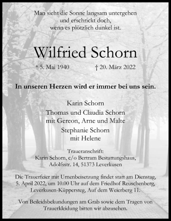 Anzeige von Wilfried Schorn von Kölner Stadt-Anzeiger / Kölnische Rundschau / Express