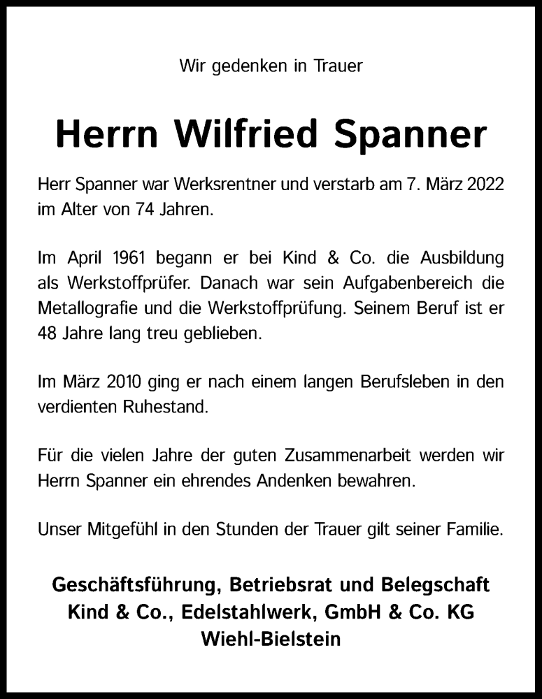  Traueranzeige für Wilfried Spanner vom 19.03.2022 aus Kölner Stadt-Anzeiger / Kölnische Rundschau / Express