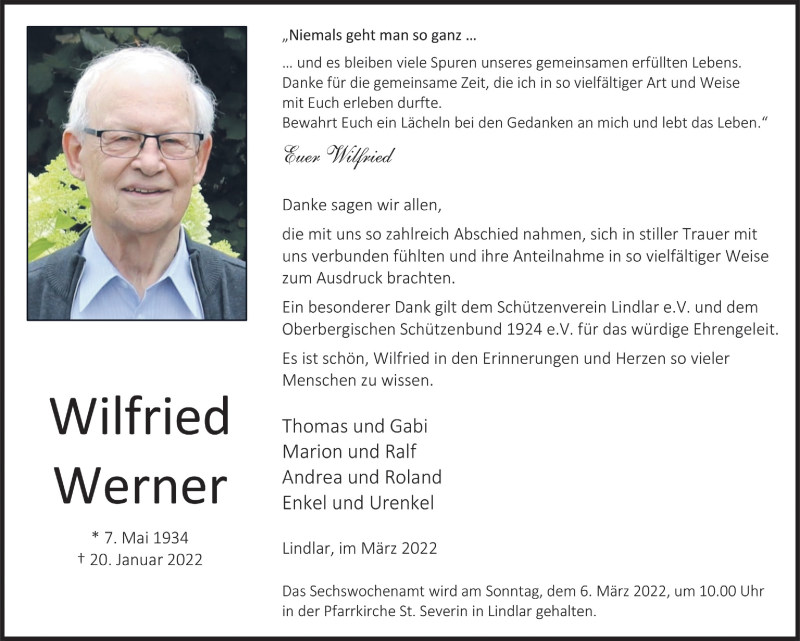  Traueranzeige für Wilfried Werner vom 04.03.2022 aus  Anzeigen Echo 