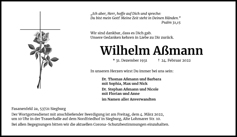  Traueranzeige für Wilhelm Aßmann vom 02.03.2022 aus Kölner Stadt-Anzeiger / Kölnische Rundschau / Express