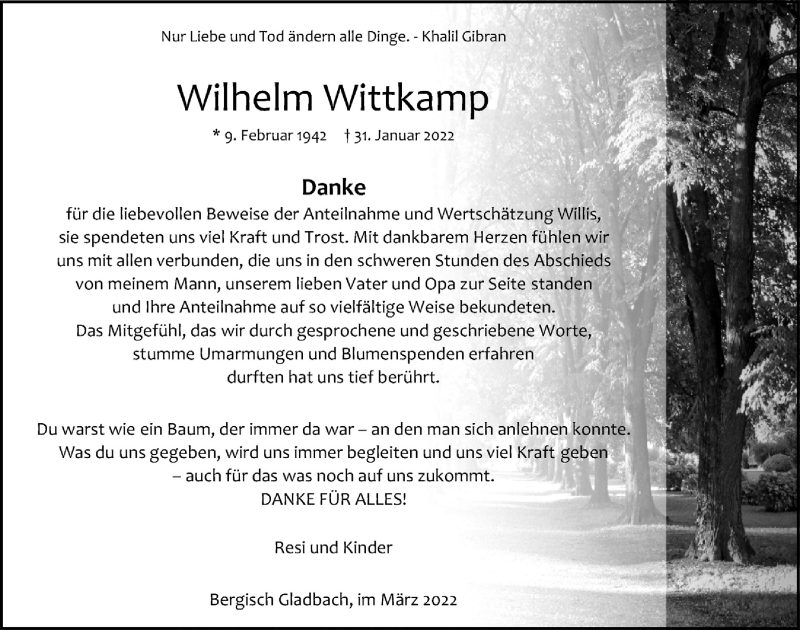 Traueranzeige für Wilhelm Wittkamp vom 18.03.2022 aus  Bergisches Handelsblatt 