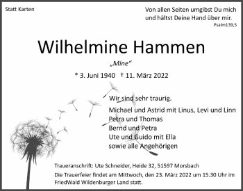Anzeige von Wilhelmine Hammen von  Lokalanzeiger 