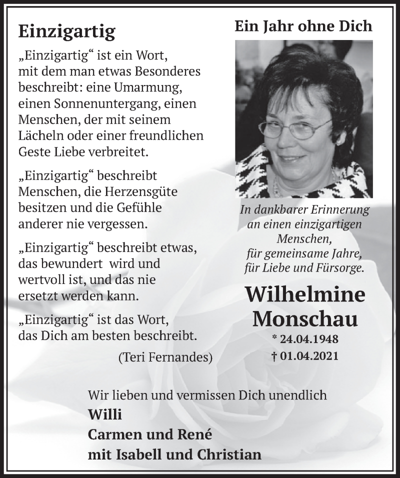  Traueranzeige für Wilhelmine Monschau vom 01.04.2022 aus  EXPRESS - Die Woche 