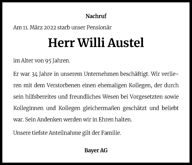  Traueranzeige für Willi Austel vom 30.03.2022 aus Kölner Stadt-Anzeiger / Kölnische Rundschau / Express