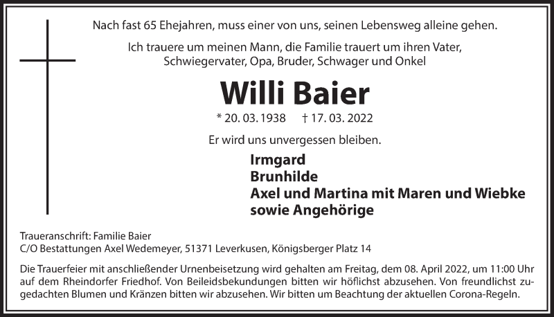  Traueranzeige für Willi Baier vom 25.03.2022 aus  Lokale Informationen 