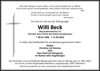 Anzeige von Willi Beck von Kölner Stadt-Anzeiger / Kölnische Rundschau / Express