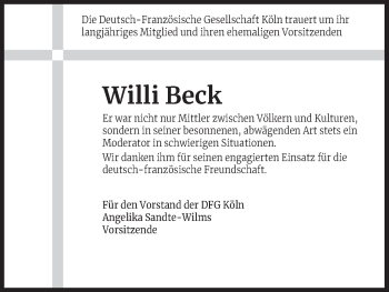 Anzeige von Willi Beck von Kölner Stadt-Anzeiger / Kölnische Rundschau / Express