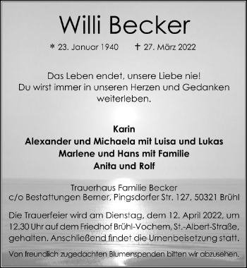 Anzeige von Willi Becker von  Schlossbote/Werbekurier 