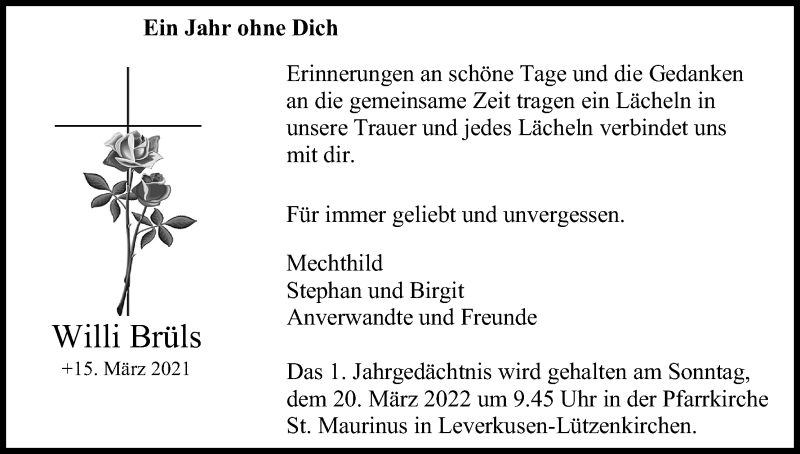  Traueranzeige für Willi Brüls vom 15.03.2022 aus Kölner Stadt-Anzeiger / Kölnische Rundschau / Express