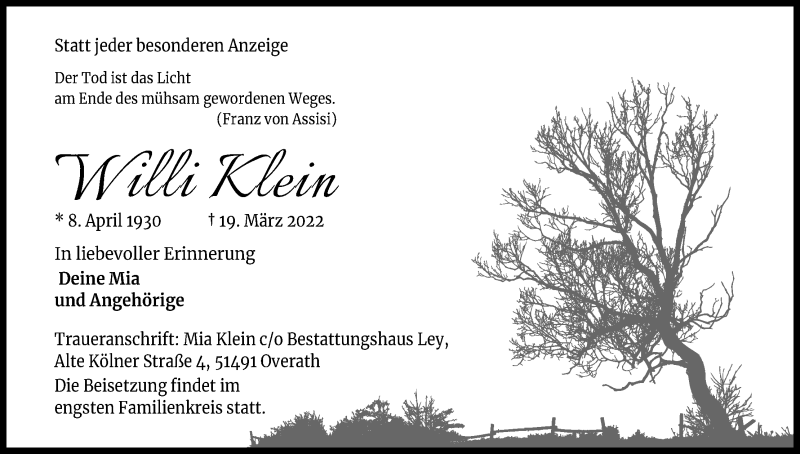  Traueranzeige für Willi Klein vom 26.03.2022 aus Kölner Stadt-Anzeiger / Kölnische Rundschau / Express