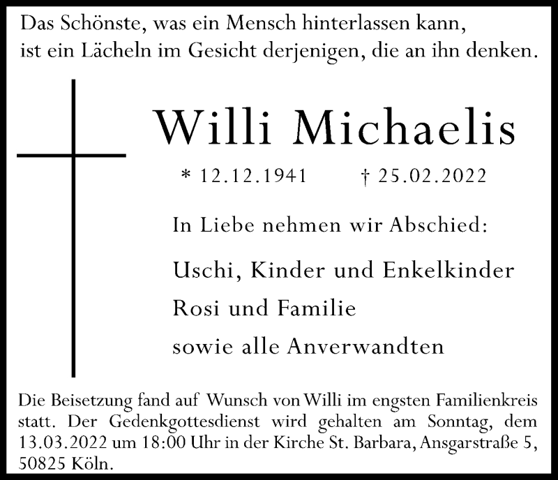 Traueranzeige für Willi Michaelis vom 05.03.2022 aus Kölner Stadt-Anzeiger / Kölnische Rundschau / Express