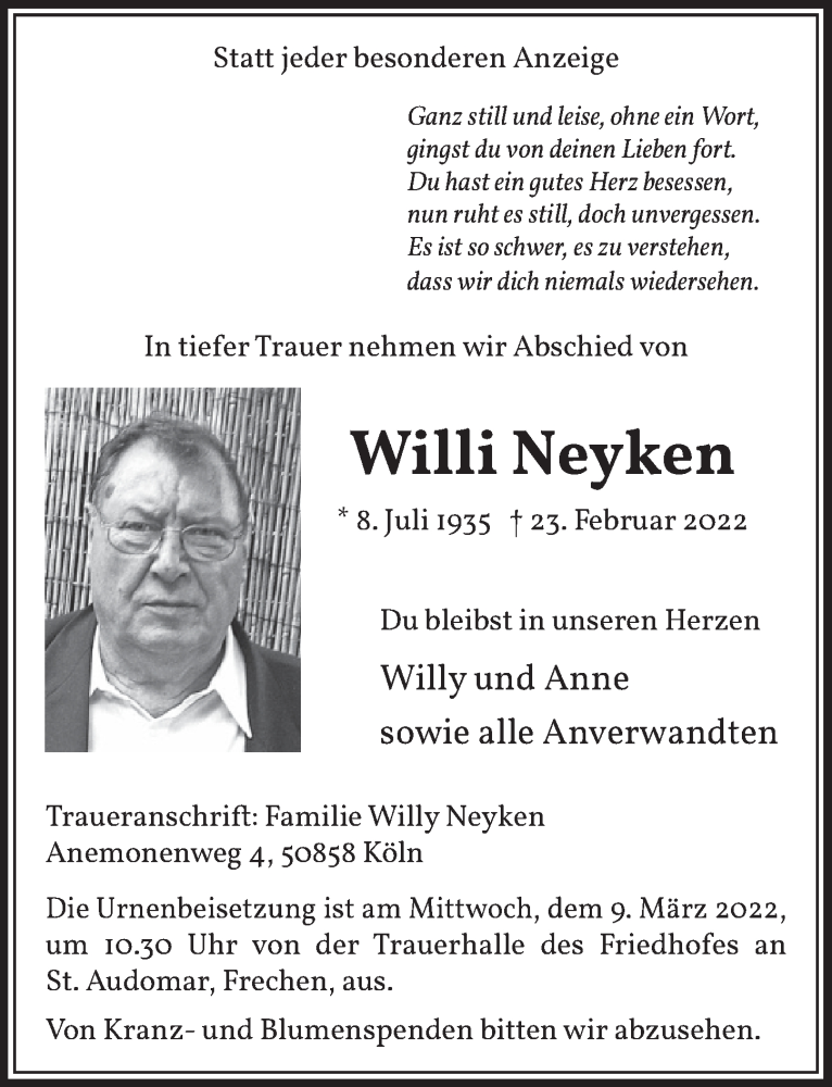  Traueranzeige für Willi Neyken vom 04.03.2022 aus  Wochenende 