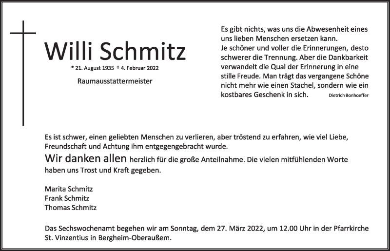  Traueranzeige für Willi Schmitz vom 11.03.2022 aus  Werbepost 