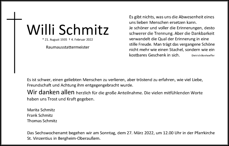  Traueranzeige für Willi Schmitz vom 12.03.2022 aus Kölner Stadt-Anzeiger / Kölnische Rundschau / Express