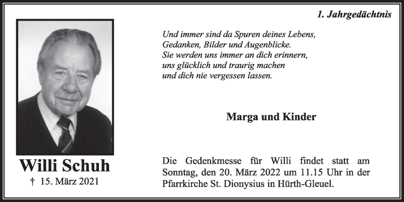  Traueranzeige für Willi Schuh vom 11.03.2022 aus  Wochenende 