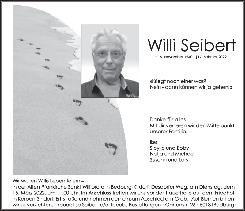  Traueranzeige für Willi Seibert vom 04.03.2022 aus  Werbepost 